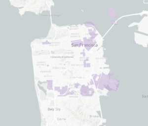 Map of San Francisco with Equity Priority Communities highlighted in purple